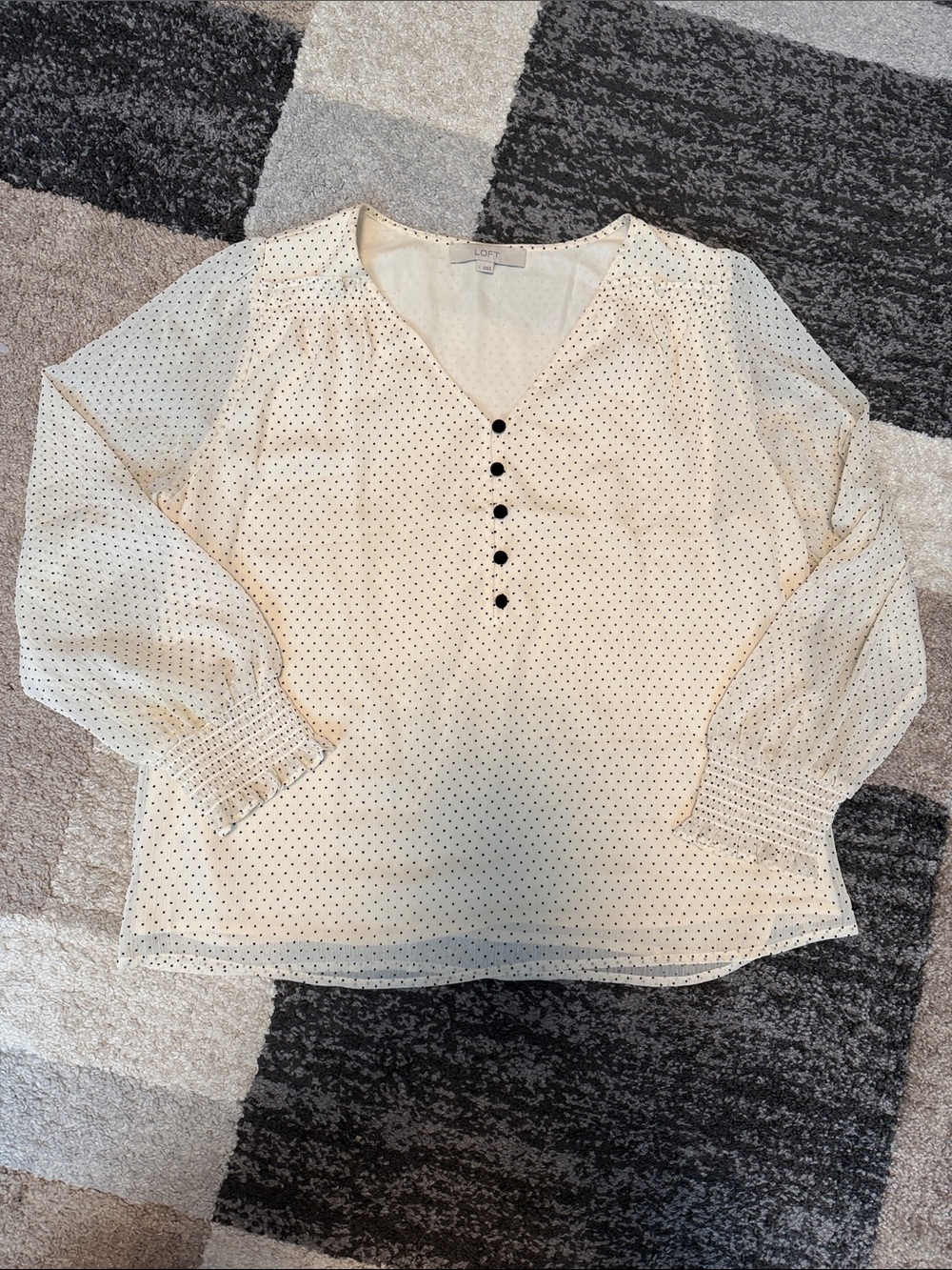 LOFT blouse, cream / black polka dot, size L EUC!